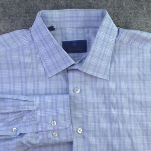 David Donahue Dress Shirt 18 36/37 Blue Check Point Collar Cotton Barrel Cuff